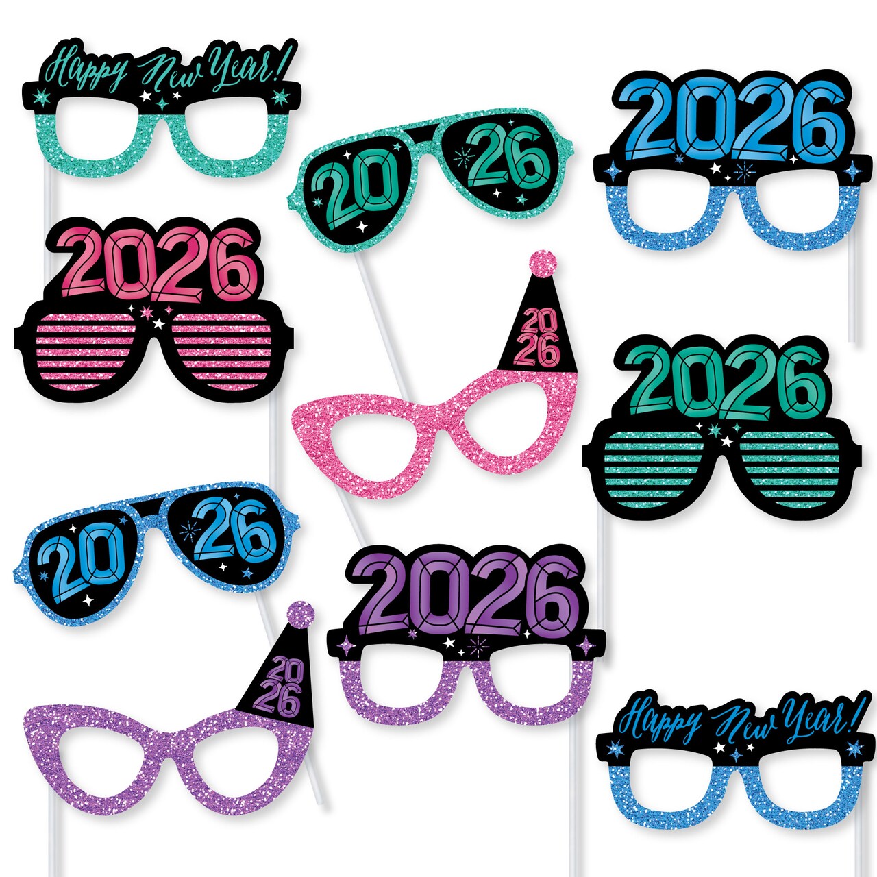 Big Dot of Happiness Colorful New Year Glasses, 2026 NYE Photo Booth Props, 2026 New Year's Eve Party Decorations - 10 Count Prop Sticks